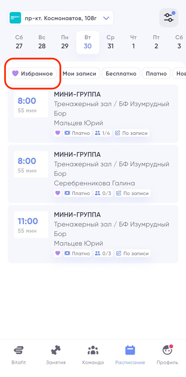 Кнопка «Избранное» в расписании